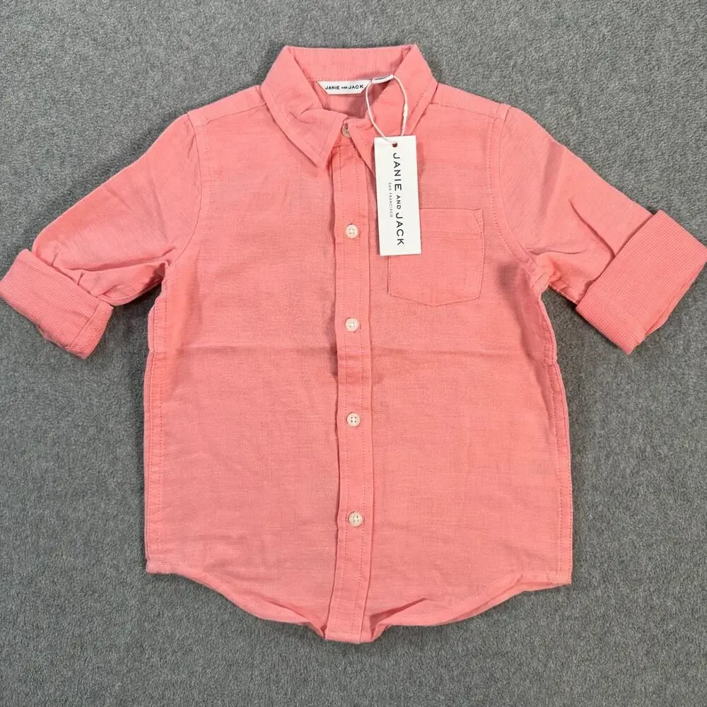 Janie and Jack Boy Size 2T Button Down Shirt Pink Cotton Collared Long Sleeve Ne